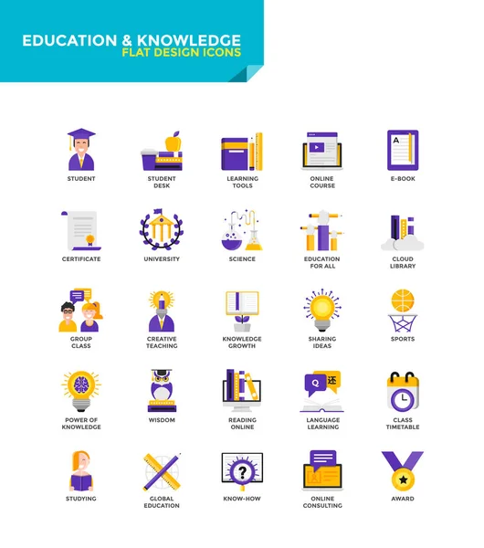 Material moderno Iconos de diseño plano - Educación y conocimiento — Vector de stock