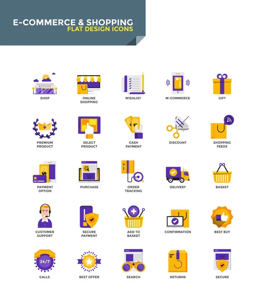 Material moderno Iconos de diseño plano - Comercio electrónico y compras — Vector de stock