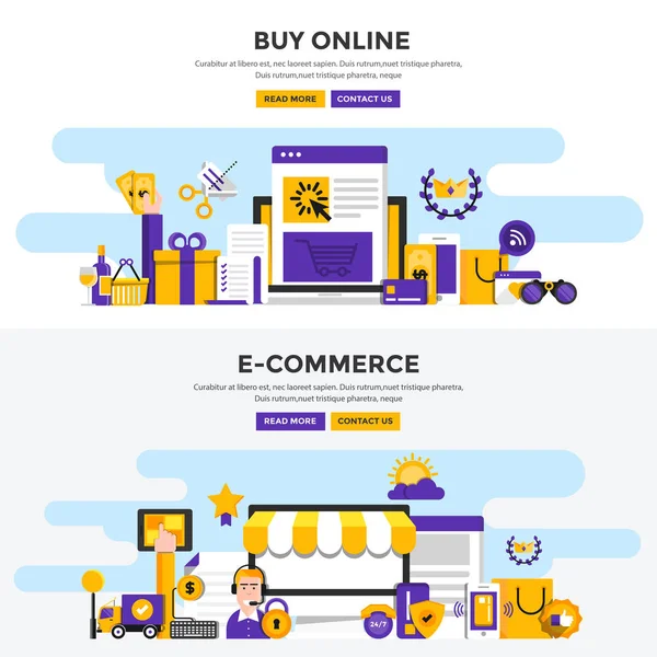 Banderas de concepto de diseño plano - Comprar en línea y comercio electrónico — Archivo Imágenes Vectoriales