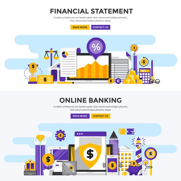 Bannières de conception plate - États financiers et interdiction en ligne — Image vectorielle