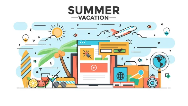 Flat Line Design Hero Image - Summer Vacation concept — Stock Vector