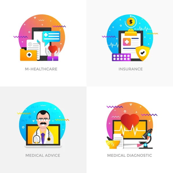 Conceptos de diseño plano - M-Healthcare, Seguros, Asesoramiento Médico — Archivo Imágenes Vectoriales