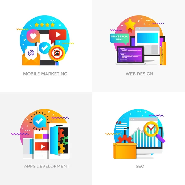 Плоские концепции - мобильный маркетинг, веб-дизайн, Apps Deve — стоковый вектор