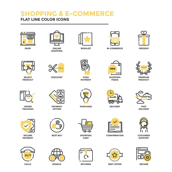 Επίπεδη γραμμή εικονιδίων - ψώνια και E commerce — Διανυσματικό Αρχείο