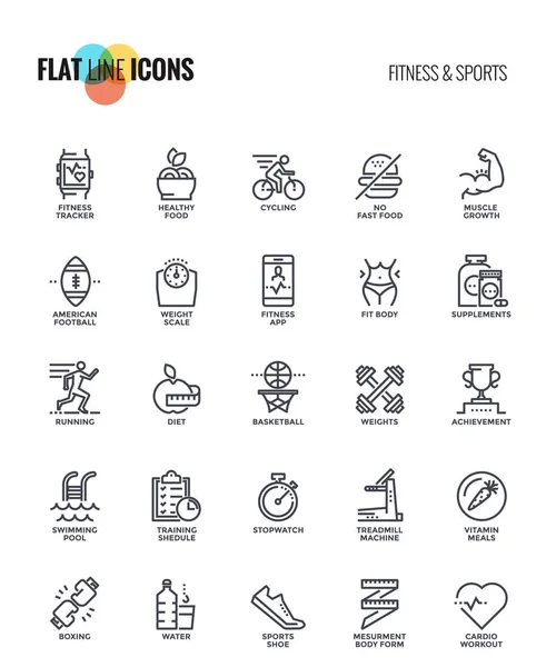 Rovná čára ikony designu Fitness a sport — Stockový vektor