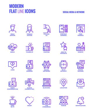 Düz çizgi degrade simgeleri tasarım-sosyal medya ve ağ