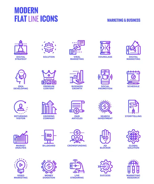 Gradiente de línea plana iconos de diseño-Marketing y Negocios — Vector de stock