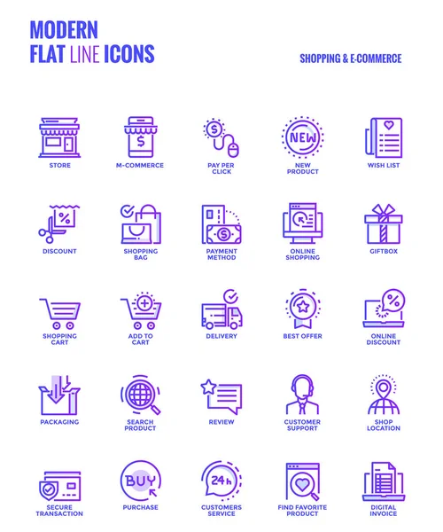 Platte lijn kleurovergang iconen ontwerp-Shopping en E-commerce — Stockvector