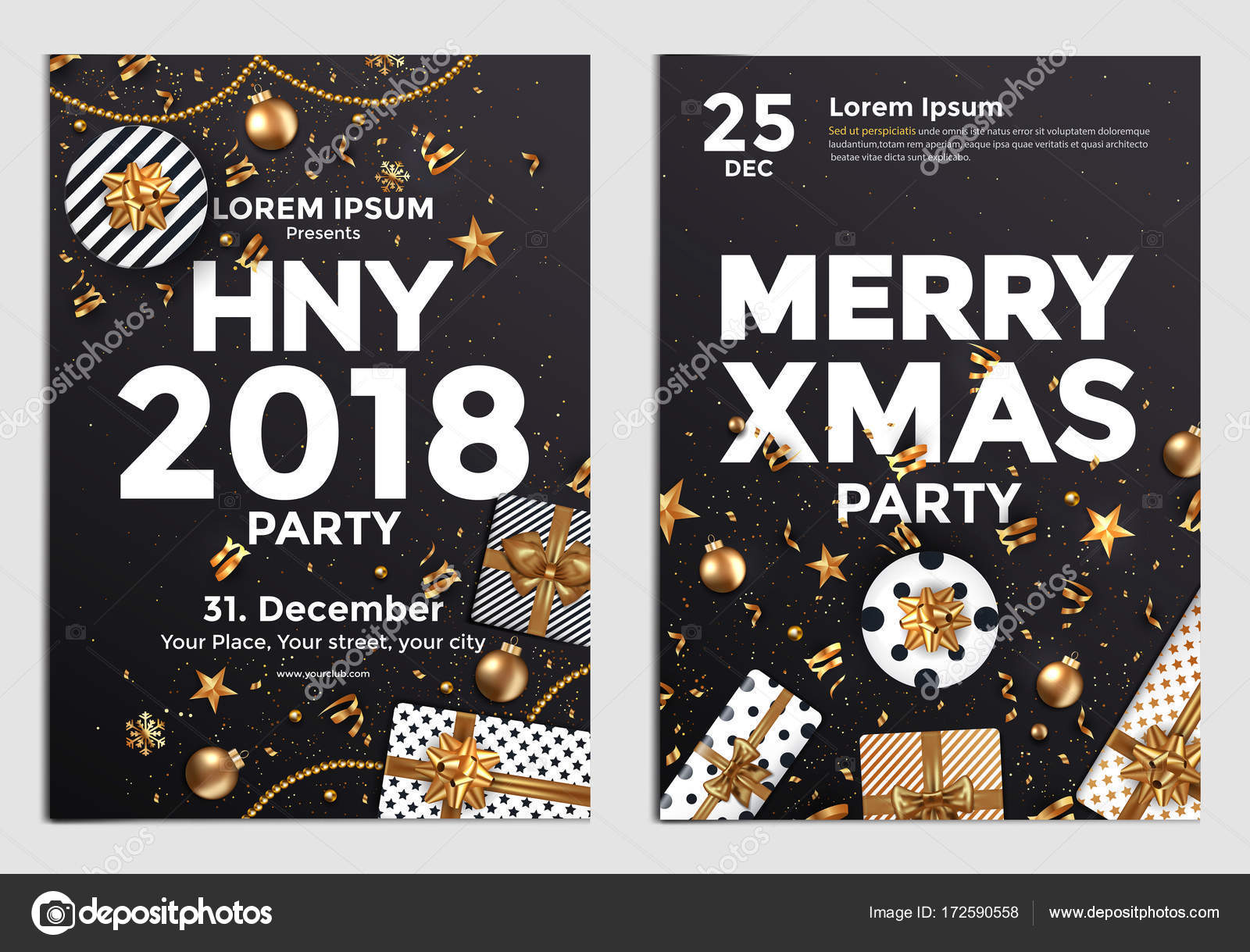 Christmas and Happy New Year Brochure Design Layout Template in A4 size with golden ornaments t boxes and snowflakes on dark backgroun