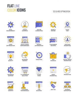Düz çizgi çok renkli simgeler tasarım-Seo ve Web en iyi duruma getirme