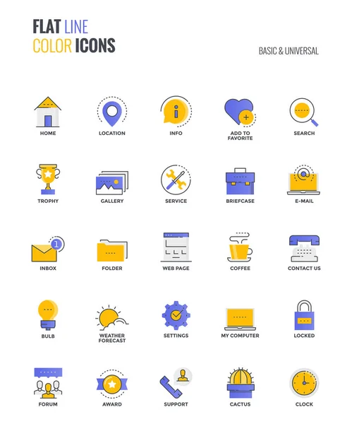 Línea plana iconos multicolor diseño-Básico y Universal — Vector de stock