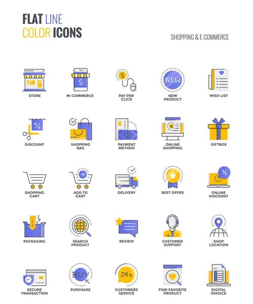 Platte lijn multicolor iconen ontwerp-Shopping en E-commerce — Stockvector