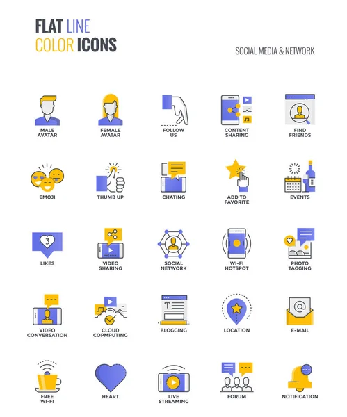 Flache Linie Multiclor-Icons Design-Social Media & Netzwerk — Stockvektor