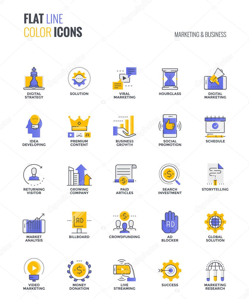 Flat line multicolor icons design-Marketing and Business