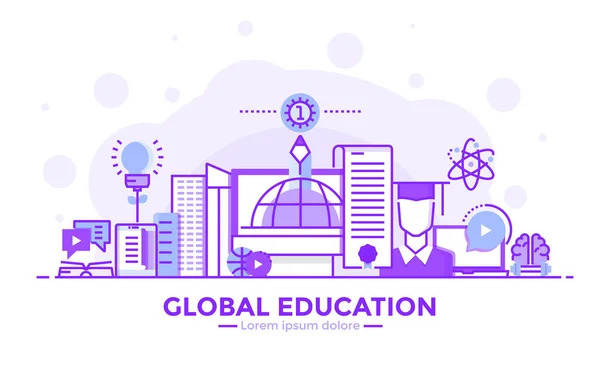 Flat Line Purple color Modern Concept Illustration - Global Educ — Stock Vector