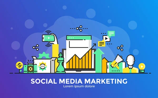 Ilustración de concepto moderno de línea plana - Social Media Marketing — Vector de stock