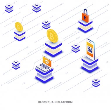 Modern düz tasarım izometrik çizimde Blockchain platformu. Web ve mobil web sitesi veya açılış sayfası için kullanılabilir. Düzenlemek ve özelleştirmek kolay. Vektör çizim