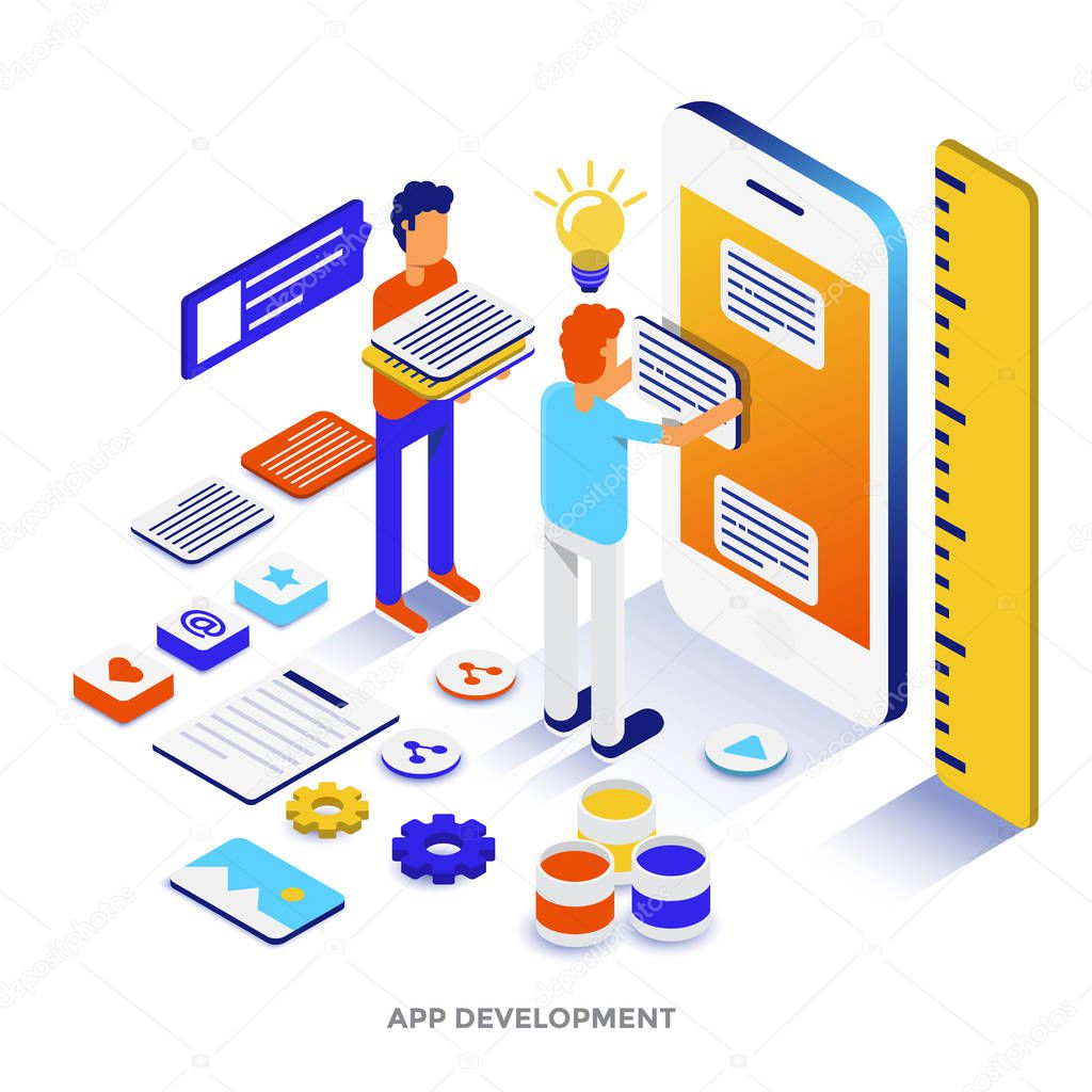 Modern flat design isometric illustration of App Development. Can be used for website and mobile website or Landing page. Easy to edit and customize. Vector illustration