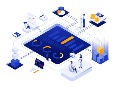 Modern düz tasarım izometrik çizimde dijital pazarlama. Web ve mobil web sitesi veya açılış sayfası için kullanılabilir. Düzenlemek ve özelleştirmek kolay. Vektör çizim