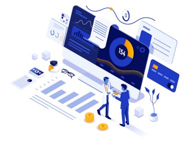 Finansal Yönetimin modern düz tasarım izometrik çizimi. Web sitesi ve mobil web sitesi veya İniş sayfası için kullanılabilir. Düzenlemek ve kişiselleştirmek kolay. Vektör illüstrasyonu