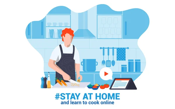 呆在家里 开展社交媒体活动 预防考拉病毒 年轻人在家里上网学烹饪 矢量说明 — 图库矢量图片