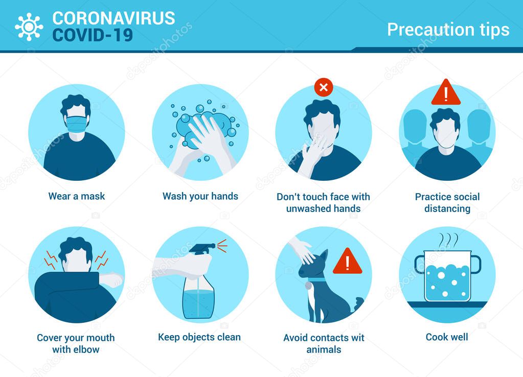 Coronavirus Covid-19 infographic. Coronovirus alert. Virus Precaution tips. Vector illustration