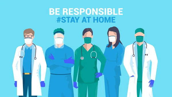 家庭意識のソーシャルメディアキャンペーンとコロナウイルスの予防に滞在してください 若い医師のチームは言う 責任がある 自宅にご滞在ください ベクターイラスト — ストックベクタ
