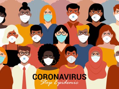Roman Coronavirus Covid-19, tıbbi maskeli kadın ve erkekler. Koronavirüs karantinası kavramı. Vektör İllüstrasyonu