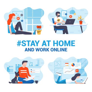 Sosyal medya kampanyası ve koronavirüsü önlemek için evde kalın. Evden çalışan bir grup genç insan. Vektör illüstrasyonu