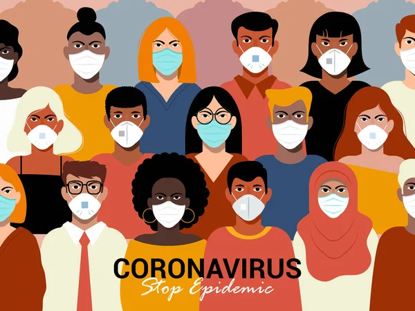 Novel Coronavirus Covid Mujeres Hombres Con Mascarilla Médica Concepto Cuarentena — Vector de stock