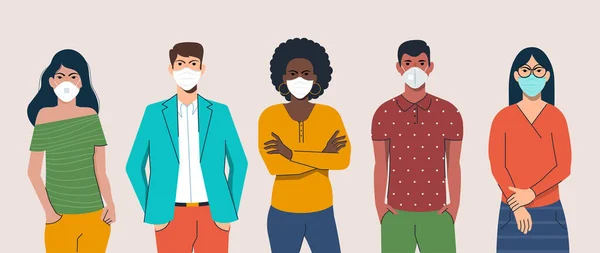 Men Women Wearing Protection Mask Virus Urban Air Pollution Smog — Stock Vector