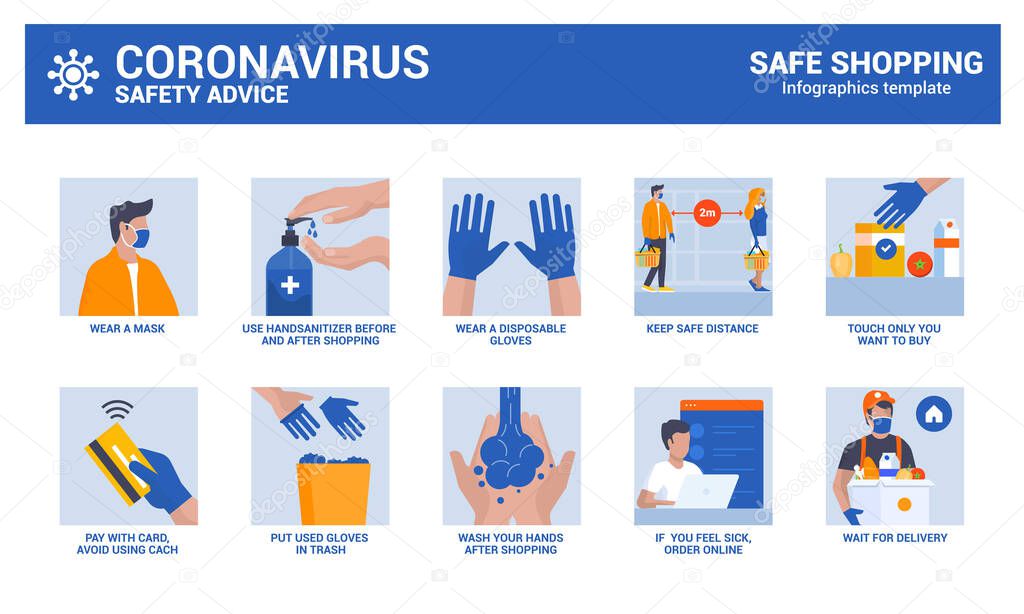 Safe shopping during coronavirus epidemic. Safety advice infographics. Vector Illustration