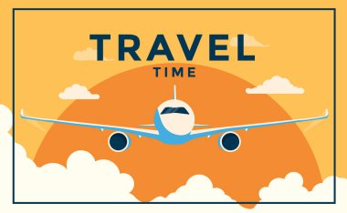 Üzerinde uçak ve bulutlar olan klasik bir poster. Seyahat zamanı poster düz tasarımı. Vektör İllüstrasyonu