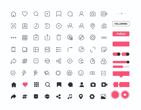 Комплект Икон Элементов Социальных Сетях Стиль Тонкой Линии Векторная Иллюстрация — стоковый вектор