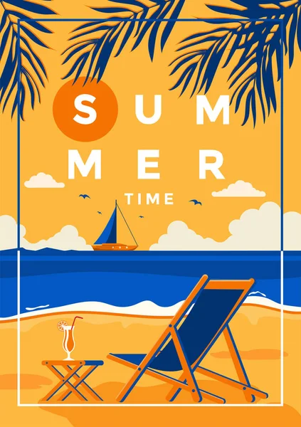 Vintage Style Poster Tropical Beach Deck Chair Beach Summer Holiday — Stock Vector