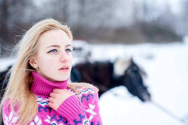 Atrakcyjne piękna młoda kobieta w pullovere modne zimowe — Zdjęcie stockowe