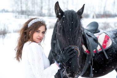 güzel bir kız ve yakışıklı bir aygır, bir atı portre
