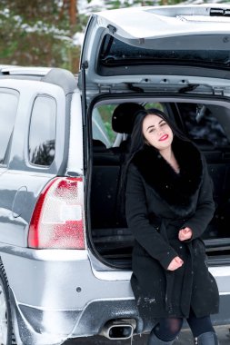 Hata araba kışın. Genç güzel kız t onarmaya çalışmak