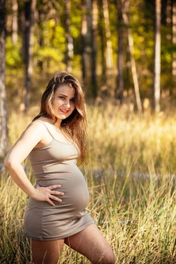 şık bir dre içinde güzel bir genç hamile kız portresi