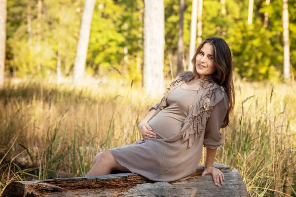 Retrato de una hermosa joven embarazada en un dre de moda — Foto de Stock