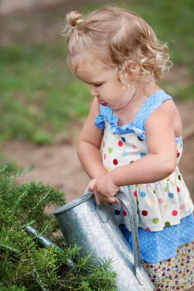 Sumienny całkiem mała dziewczynka, podlewanie kwiatów w ogrodzie. — Zdjęcie stockowe