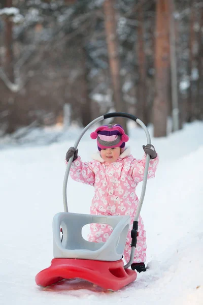 Chica feliz lleva trineo en la nieve, invierno , —  Fotos de Stock