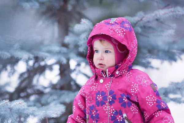 Retrato de niña bonita feliz cerca del árbol de Navidad, invierno , —  Fotos de Stock