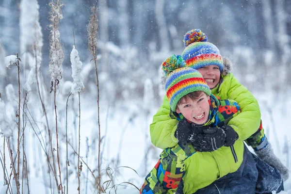 Veselý šťastný chlapce hrající v destinaci winter park, — Stock fotografie