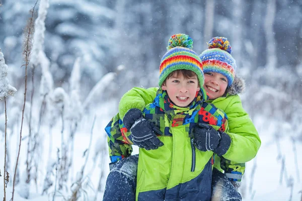 Wesoły zadowolony chłopców grać w winter park, — Zdjęcie stockowe