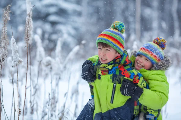 Wesoły zadowolony chłopców grać w winter park, — Zdjęcie stockowe