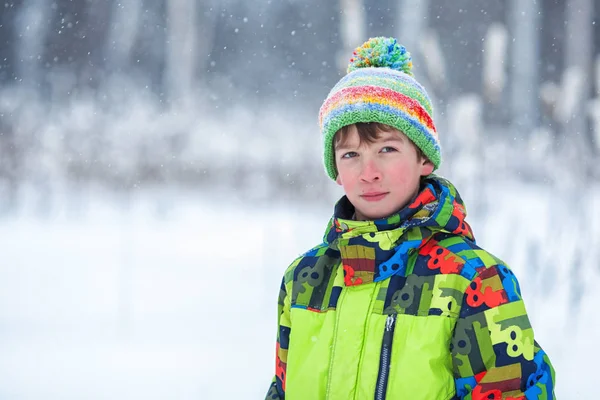 Cheerful happy boy playing in winter park, — Stock Photo, Image