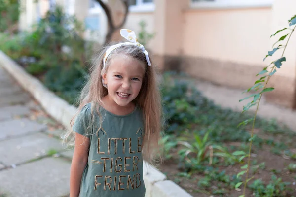 Emotionales Porträt eines positiven und fröhlichen kleinen Mädchens mit langen Haaren, das im Park spazieren geht. glückliche Kindheit. Sommerzeit. Sommerurlaub in der Natur — Stockfoto