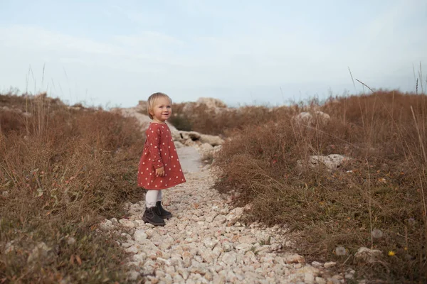 Portret pięknej dziewczynki w czerwonej sukience. Dziecko spaceruje w słoneczną jesień — Zdjęcie stockowe
