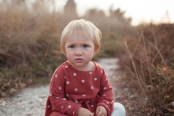 Ritratto di una bambina carina con un vestito rosso. Un bambino cammina nell'autunno soleggiato — Foto Stock